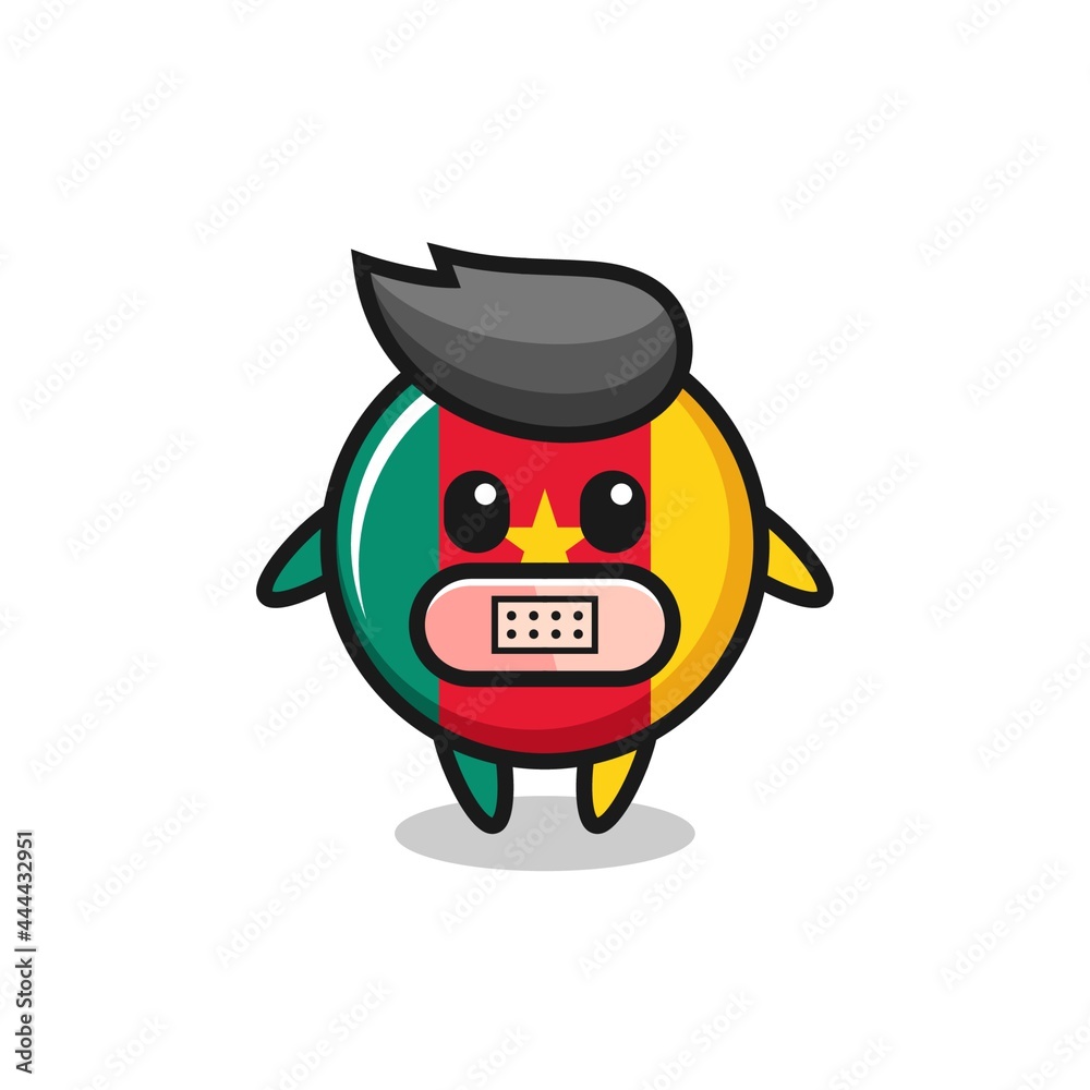 Fototapeta premium Cartoon Illustration of cameroon flag badge with tape on mouth