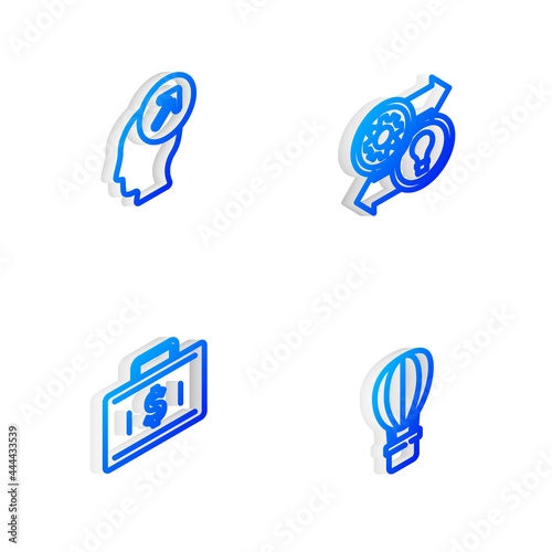 Set Isometric line Human resources  Head hunting concept  Briefcase and money and Hot air balloon icon. Vector
