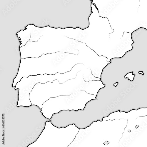 Map of The SPANISH Lands: Spain, Portugal, Iberia, Galicia, Catalonia, Valencia, Andalusia, León, Aragón & Castilla, Navarra, Asturias, Basque Pays, The Pyrénées. Geographic chart with coastline. photo