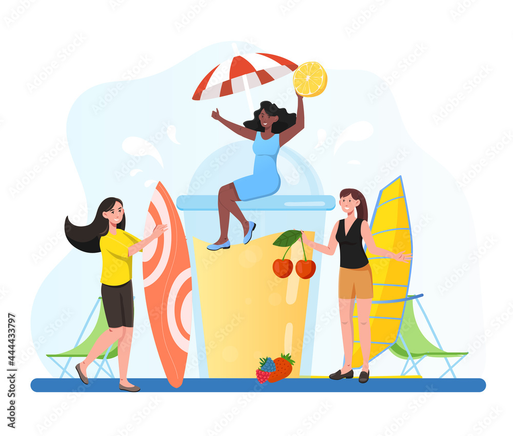 Group of female friends is having fun with coctails in the summer together. Friends having a summer party near glass of juice, fruit smoothie, drinking cold beverage. Flat cartoon vector illustration
