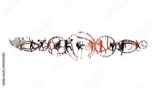 Vector illustration of sports abstract background design with sport players in different activities. football, basketball, baseball, badminton, tennis, rugby, bicycling