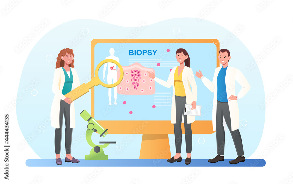 Male and female professional oncologists are diagnosing cancer. Concept of disease and treatment, biopsy. Oncology medical research. Doctors in white robes. Flat cartoon vector illustration Male and female professional oncologists are diagnosing cancer. Concept of disease and treatment, biopsy. Oncology medical research. Doctors in white robes. Flat cartoon vector illustration