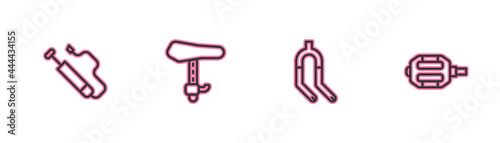 Set line Bicycle air pump, fork, seat and pedal icon. Vector