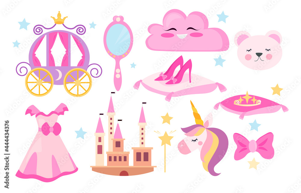 Set of cute pink princess icons on white background. Poster with unicorn, castle, crown, flamingo, girls dress, rainbow and carriage. Flat cartoon vector illustration