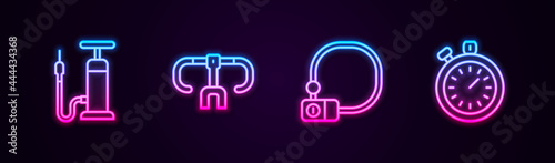 Set line Bicycle air pump, handlebar, lock and Stopwatch. Glowing neon icon. Vector