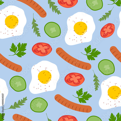 Vector morning breakfast seamless pattern with scrambled eggs, sausages and vegetables.