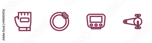 Set line Gloves, Bicycle speedometer, brake disc and chain with gear icon. Vector