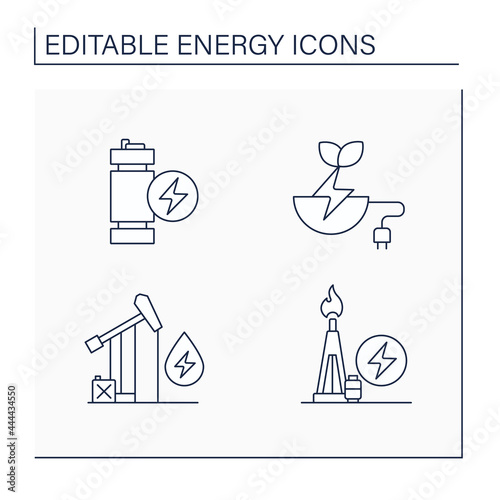 Energy line icons set. Oil, gas power. Modular mini reactor, biomass energy. Power stations. Electricity generation concept. Isolated vector illustration. Editable stroke