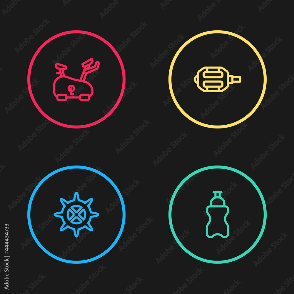 Set line Bicycle sprocket crank, Sport bottle with water, pedal and Stationary bicycle icon. Vector Set line Bicycle sprocket crank, Sport bottle with water, pedal and Stationary bicycle icon. Vector