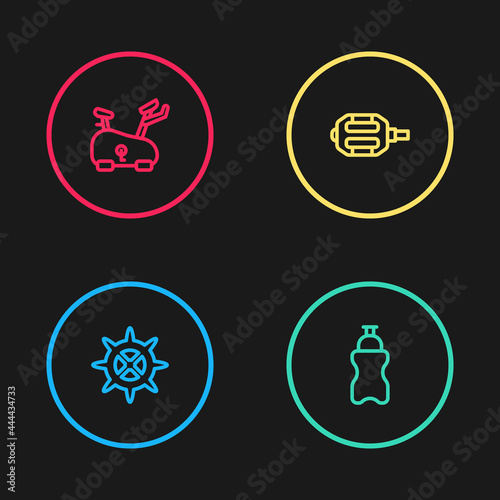 Set line Bicycle sprocket crank, Sport bottle with water, pedal and Stationary bicycle icon. Vector