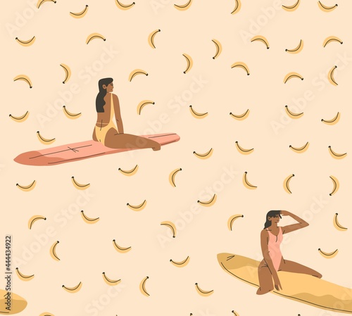Hand drawn vector abstract stock graphic summer cartoon,minimalistic contemporary style illustrations seamless pattern with boho girl surfing and relaxing on the beach,isolated on white background.