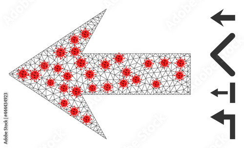 Polygonal arrow left with outbreak style. Polygonal carcass arrow left image in low poly style with connected linear items and red covid centers.