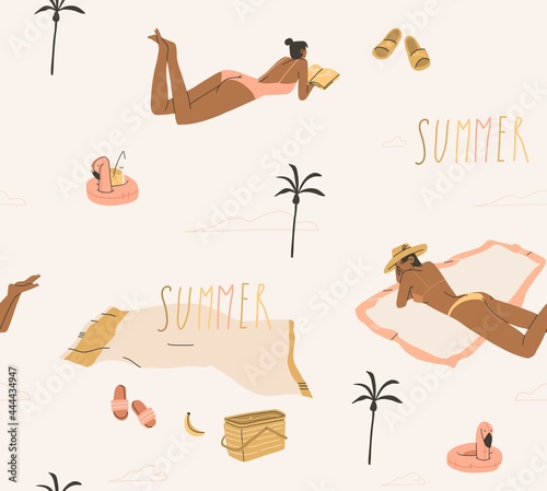 Hand drawn vector abstract stock graphic summer cartoon,minimalistic contemporary illustrations seamless pattern with boho girls having picnic on the beach on the beach,isolated on white background
