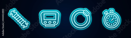 Set line Bicycle suspension, speedometer, brake disc and Stopwatch. Glowing neon icon. Vector