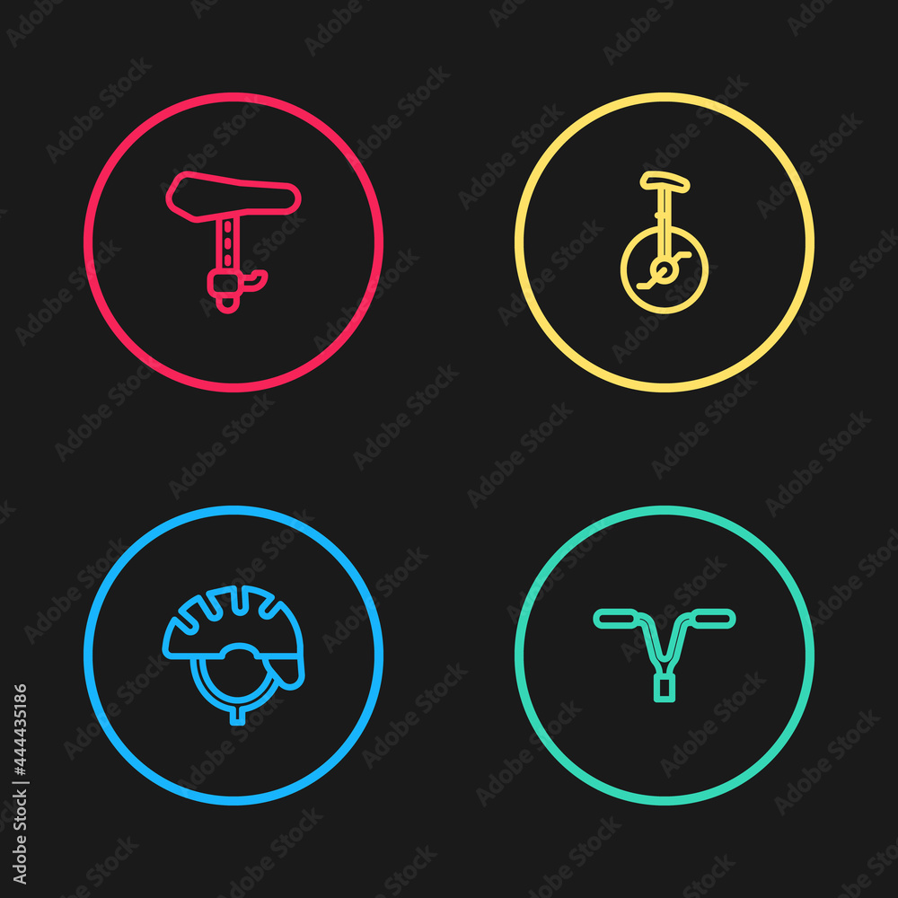 Set line Bicycle helmet, handlebar, Unicycle or one wheel bicycle and seat icon. Vector Set line Bicycle helmet, handlebar, Unicycle or one wheel bicycle and seat icon. Vector