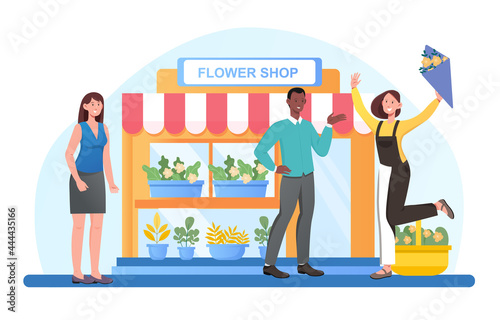Young happy female character bying bouquet in flower shop on the street. Concept of outdoor market stalls, summer trade tent with sellers and buyers. Local urban shop. Flat cartoon vector illustration