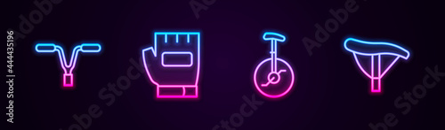 Set line Bicycle handlebar, Gloves, Unicycle or one wheel bicycle and seat. Glowing neon icon. Vector