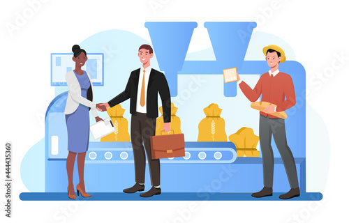 Male and female characters are producing flour grinding cereals on machine. Concept of factory agriculture, bread industry. Wheat manufacture process. Flat cartoon vector illustration