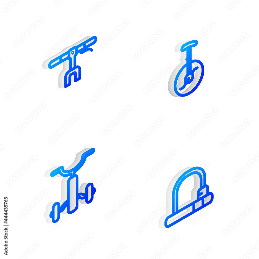Set Isometric line Unicycle or one wheel bicycle, Bicycle handlebar, for kids and lock icon. Vector Set Isometric line Unicycle or one wheel bicycle, Bicycle handlebar, for kids and lock icon. Vector