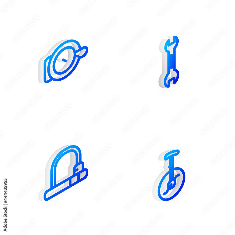Set Isometric line Wrench spanner, Bicycle bell, lock and Unicycle or one wheel bicycle icon. Vector Set Isometric line Wrench spanner, Bicycle bell, lock and Unicycle or one wheel bicycle icon. Vector
