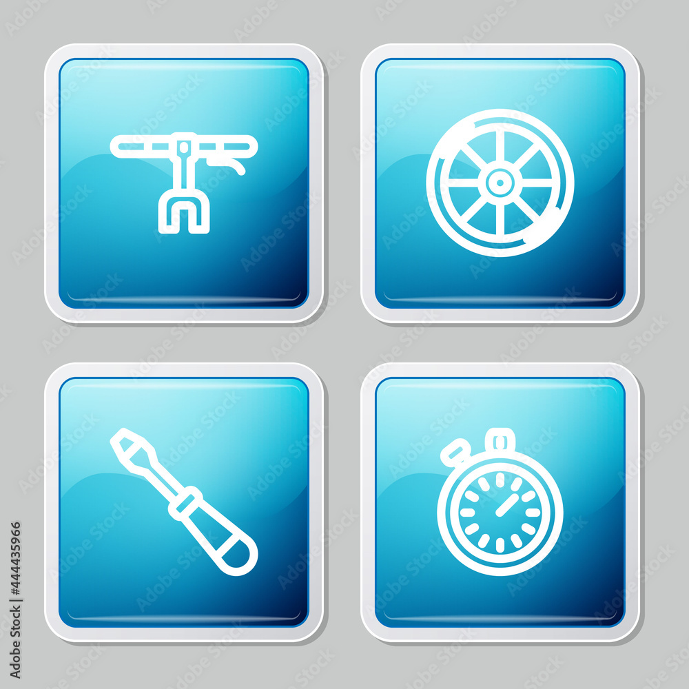 Fototapeta premium Set line Bicycle handlebar, wheel, Screwdriver and Stopwatch icon. Vector