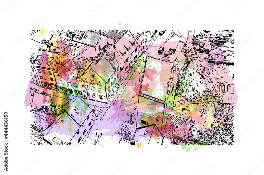 Building view with landmark of Ingolstadt is the
city in Germany. Watercolor splash with hand drawn sketch illustration in vector.