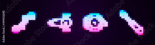 Set line Bicycle pedals, chain with gear, bell and Screwdriver. Glowing neon icon. Vector