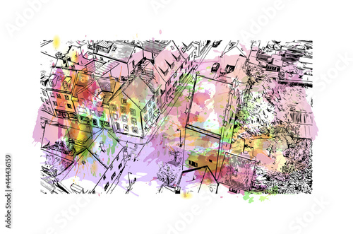 Obraz na płótnie Building view with landmark of Ingolstadt is the
city in Germany. Watercolor splash with hand drawn sketch illustration in vector. w salonie