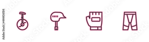 Set line Unicycle or one wheel bicycle, Gloves, Bicycle helmet and Cycling shorts icon. Vector