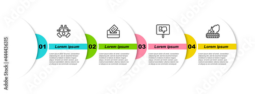 Set line Gas mask, Vote box, Protest and Lying burning tires. Business infographic template. Vector