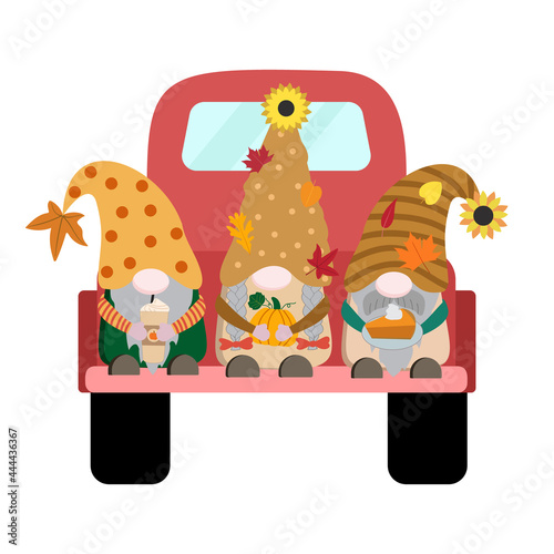 Cartoon fall vector gnomes in a red old truck with pumpkin, coffee cup with cream and pie, leaves on white background.