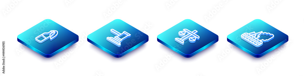 Set Isometric line Cocktail molotov, Judge gavel, Scales of justice and Lying burning tires icon. Vector Set Isometric line Cocktail molotov, Judge gavel, Scales of justice and Lying burning tires icon. Vector
