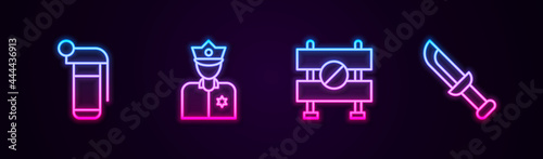 Set line Hand grenade, Police officer, Road barrier and Military knife. Glowing neon icon. Vector