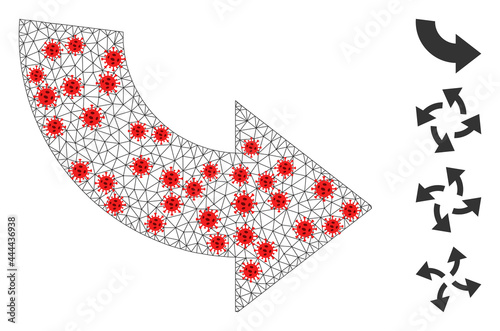 Mesh rotate ccw in infection style. Polygonal wireframe rotate ccw image in low poly style with connected linear items and red infectious centers.