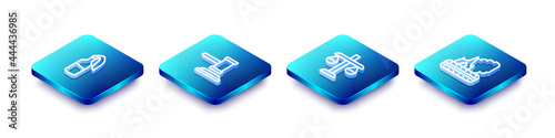 Set Isometric line Cocktail molotov, Judge gavel, Scales of justice and Lying burning tires icon. Vector