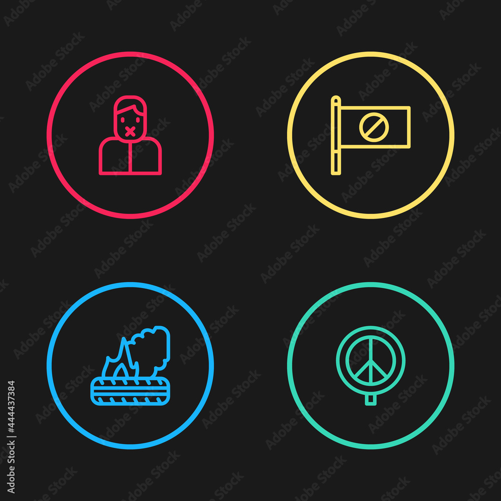 Set line Lying burning tires, Peace, Protest and Censor and freedom of speech icon. Vector Set line Lying burning tires, Peace, Protest and Censor and freedom of speech icon. Vector
