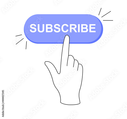 Sticker of online subscribe button click on white background. Click on the registration button. Hand pushing the button, enrolling by invitation. Flat cartoon vector illustration