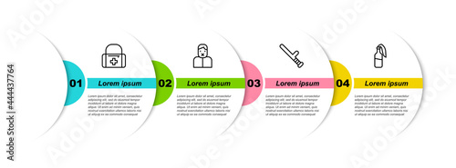 Set line First aid kit, Censor and freedom of speech, Police rubber baton and Cocktail molotov. Business infographic template. Vector