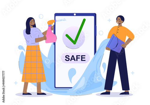 Male and female characters spraying and pouring water on waterproof smartphone. Concept of waterproof smartphone innovative technology, electronic device development. Flat cartoon vector illustration