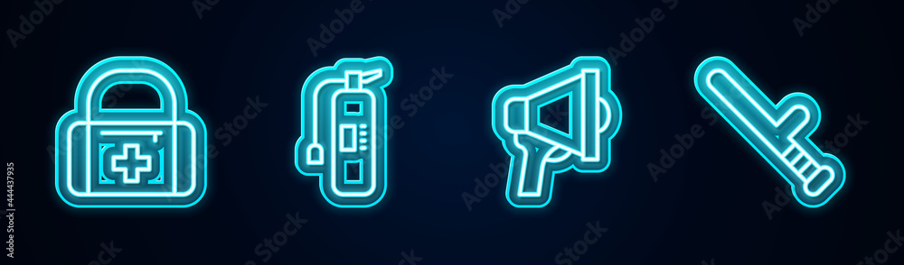 Set line First aid kit, Fire extinguisher, Megaphone and Police rubber baton. Glowing neon icon. Vector Set line First aid kit, Fire extinguisher, Megaphone and Police rubber baton. Glowing neon icon. Vector
