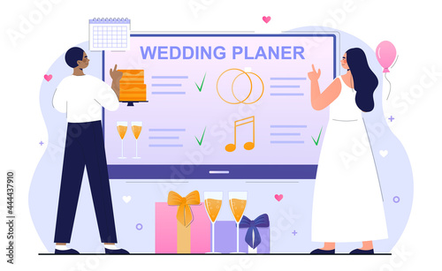Bride and groom are planning wedding ceremony together. People use online planning service for their wedding. Concept of holiday preparations service management. Flat cartoon vector illustration