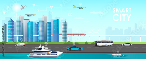 Smart city concept. Modern city with skyscrapers, with urban land, water and air transport. Urban landscape. Building architecture. Cityscape town. Vector illustration