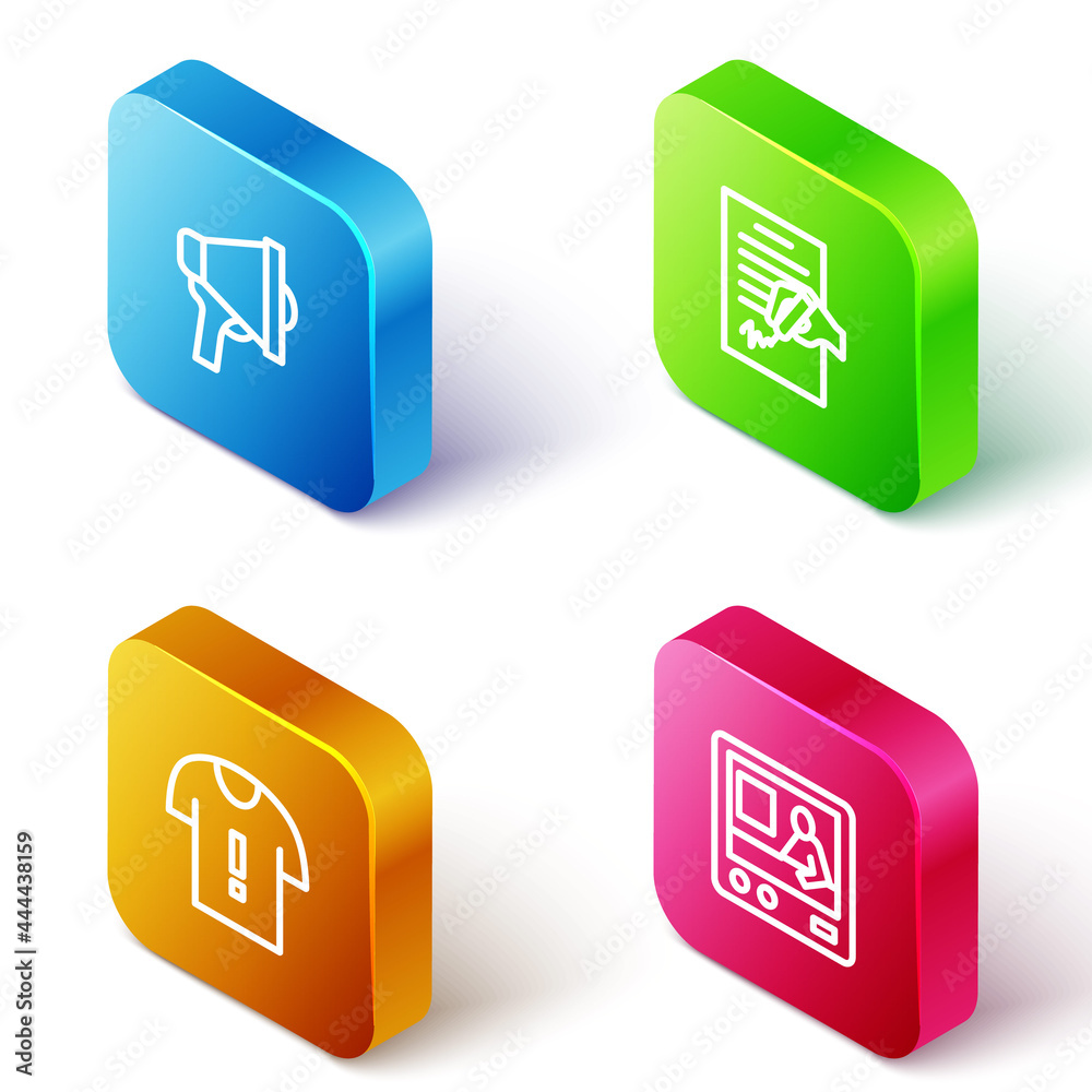 Set Isometric line Megaphone, Petition, T-shirt protest and Television report icon. Vector