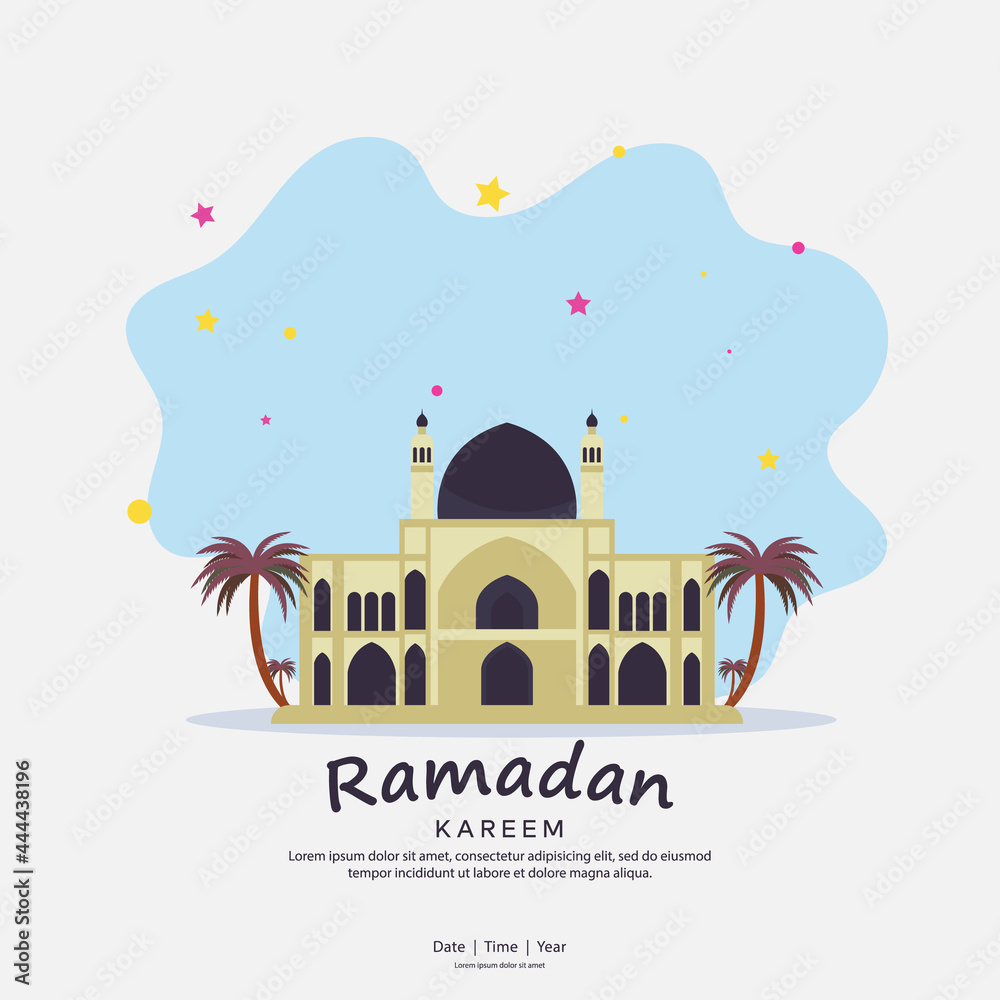Islamic flat design illustration of ramadan kareem for web landing pages, banners, social, posters, advertisements, promotions, books or print media