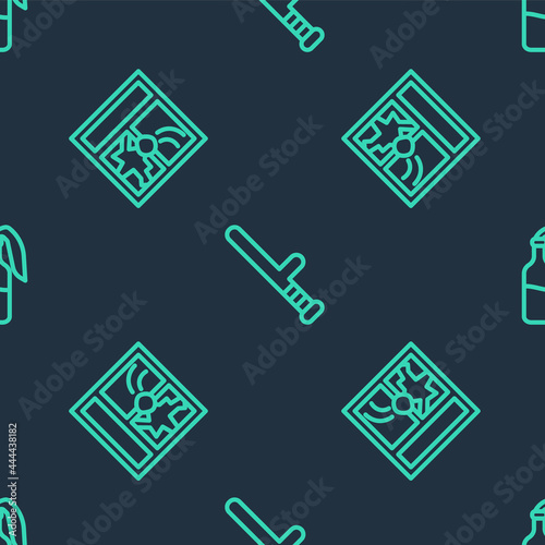Set line Police rubber baton, Broken window and Cocktail molotov on seamless pattern. Vector