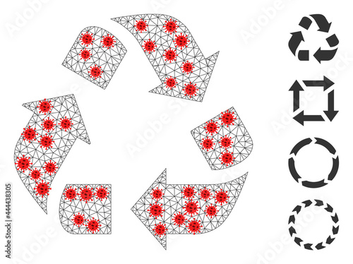 Net recycle in infection style. Mesh carcass recycle image in lowpoly style with connected lines and red infection centers. Vector structure is created from recycle with infection items.
