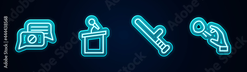 Set line Speech bubble chat, Stage stand or tribune, Police rubber baton and Hooligan shooting stones. Glowing neon icon. Vector