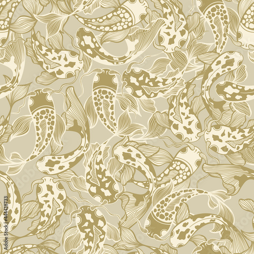 Japanese Koi Fish Vector Seamless Pattern in Neutral Beige Colors