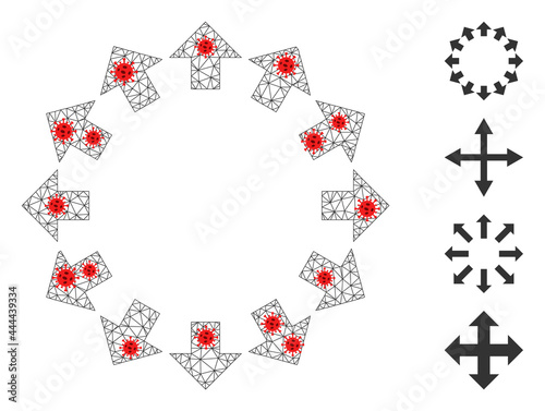 Net radial arrows with infection style. Polygonal carcass radial arrows image in low poly style with connected linear items and red infection nodes.