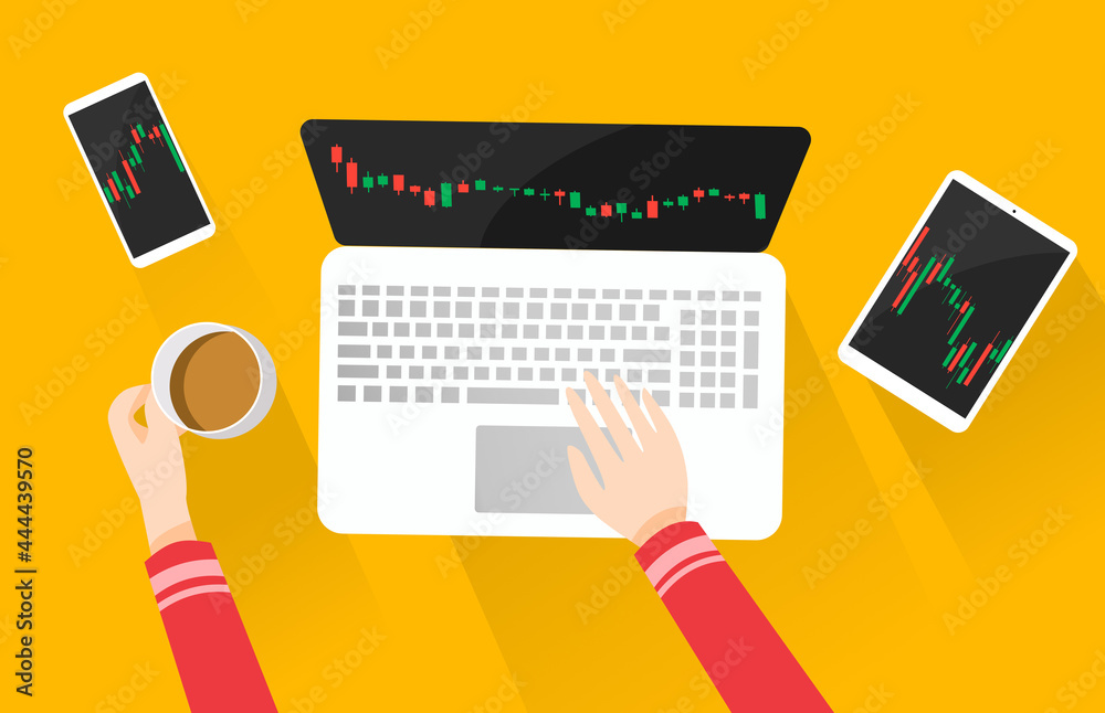 Hands holding coffee cup trading stocks market on laptop,tablet,smartphone, Candlestick graph buy and sell sign, investing concepts,internet earning cash study, winning plenty of money, vector